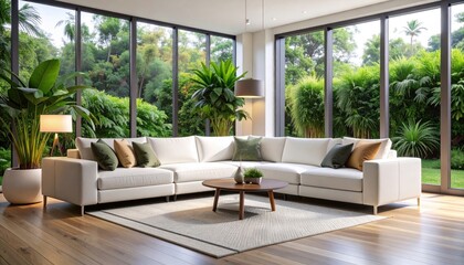 Modern living room with nature view  stylish furniture.