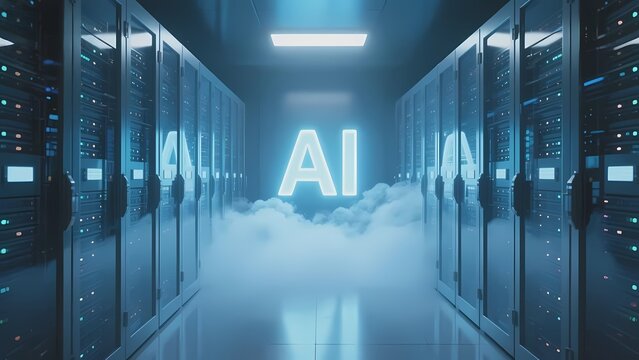 Server room with AI glowing sign and cloud effect in a futuristic data center - Powered by Adobe