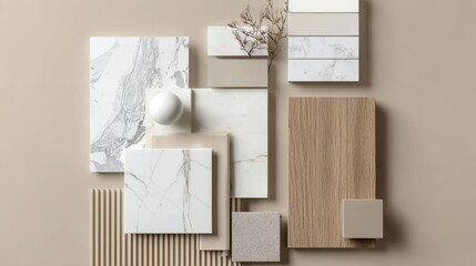 Material sample background with marble and wood, great for promotions, editorial, and high-end projects
