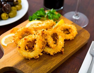 Crispy fried calamari on a wooden board
