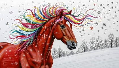 Horse with rainbow mane on snowy background, vintage illustration