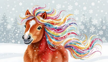 Horse with rainbow mane raining through the snow, vintage illustration