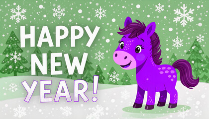 Happy New Year Card with a purple baby horse on green background