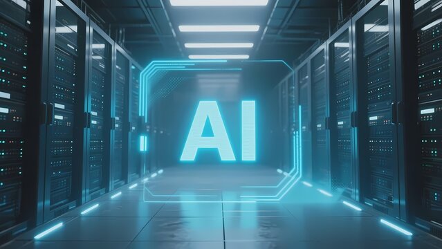 Futuristic server room with glowing AI sign in a high-tech data center corridor