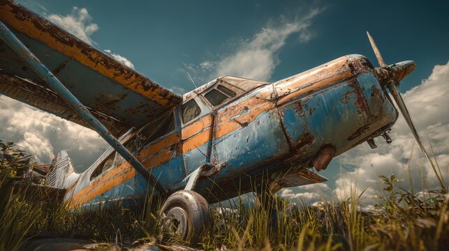 Airplane Graveyard. Abandoned Old Small Aircraft in the Sky