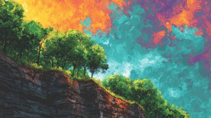Colorful trees on cliffside