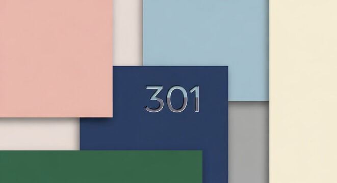 Minimalist Abstract Composition with Metallic 301 Number and Colorful Overlapping Rectangles