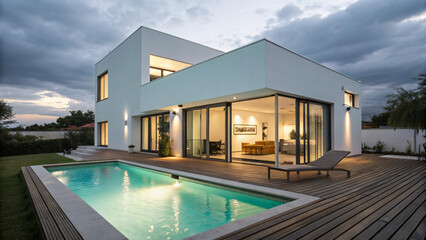 Fototapeta premium Luxury Modern House with Pool – Minimalist Architecture and Outdoor Living