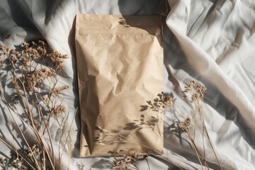 Overhead shot of a brown paper bag mockup on a textured fabric with dried flowers casting shadows for a natural product display