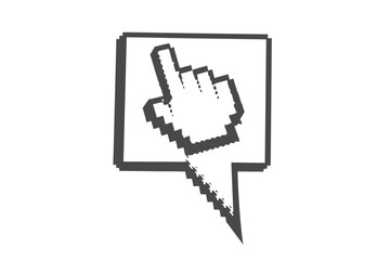 Pixelated Hand Cursor in Gray Speech Bubble on White Background