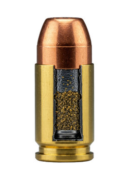 Longitudinally cut modern handgun cartridge revealing bullet, casing, propellant, primer, on transparent, backlighting. Concept of advanced engineering