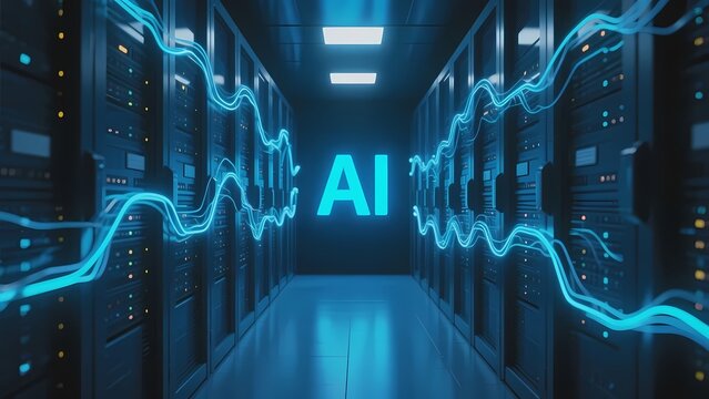 Server room with glowing AI data streams and illuminated racks in a futuristic data center