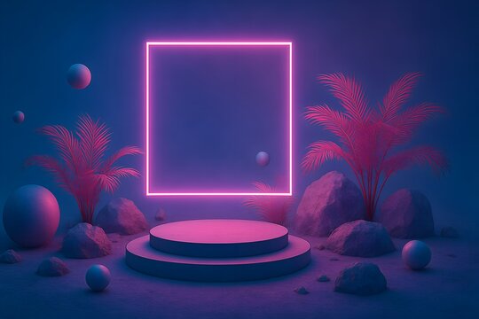 Neon podium with square frame and plants in pink and blue colors background