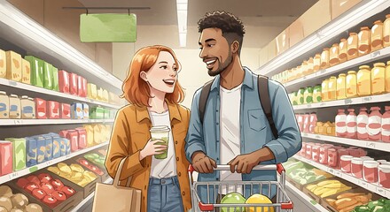 Woman and man shopping together at grocery store. Happy couple purchasing food and drinks in supermarket. Daily life and couple routine concept.