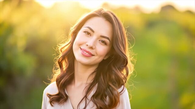 Portrait of a beautiful smiling woman with long wavy hair enjoying a serene summer day with a vintage bokeh old style effect