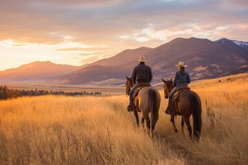 Cowboys Horseback Riding at Sunset: Vintage Equestrian Scene in Montana