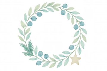 Elegant wreath with pastel leaves, blue berries and decorative star element isolated on transparent background