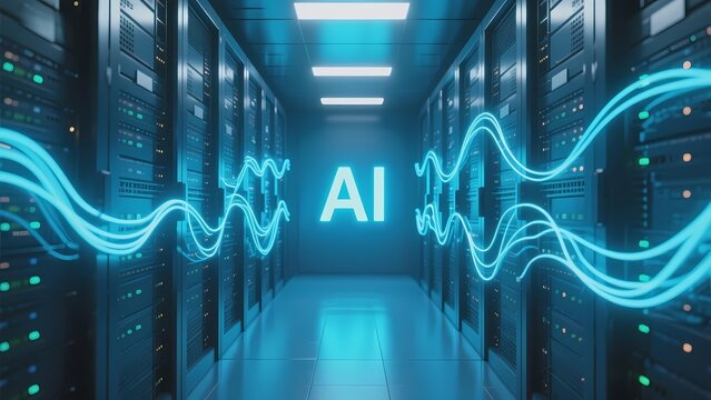 Server room with glowing AI data waves and illuminated racks