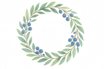 Elegant watercolor wreath with green leaves and blue berries isolated on transparent background for design projects
