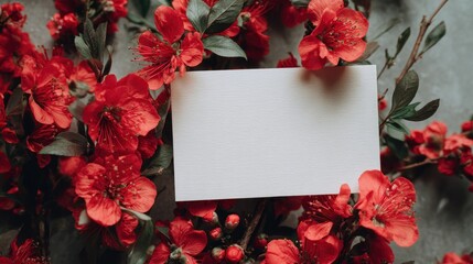 Blank card surrounded by vivid red flowers
