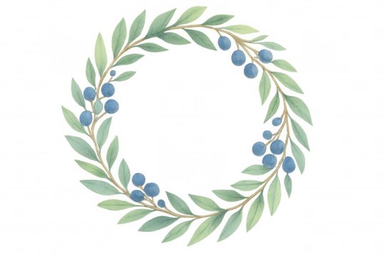Elegant watercolor wreath with green leaves and blue berries isolated on transparent background for design projects