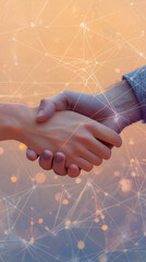 Two hands shake in front of a digital network backdrop, symbolizing trust, partnership, and global collaboration.