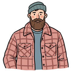 Obraz premium Bearded man in flannel coat wearing beanie with neutral expression 
