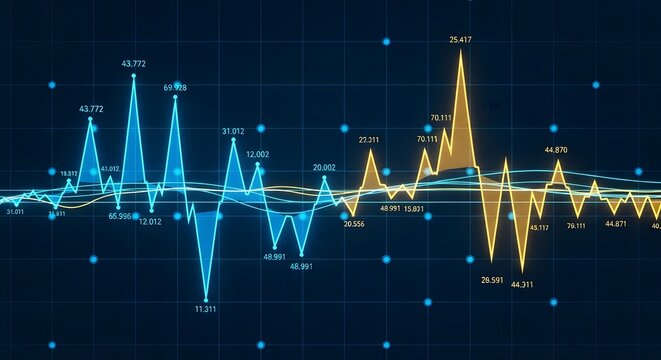 Abstract Data Visualization of Financial Market Trends with Blue and Yellow Oscillating Lines