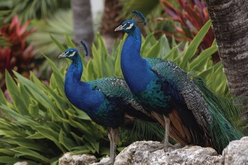 Naklejka premium Two Peacocks: A Stunning Display of Beauty in the Caribbean Garden