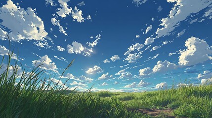 Obraz premium Sunny Meadow Landscape: Lush Green Grass, Blue Sky, Fluffy Clouds
