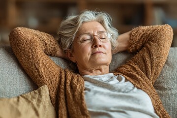 Old Person Asleep on Couch. Mature Senior Woman Relaxing with Hands Behind Head