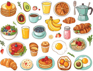 Soft Pastel Breakfast Sticker Pack Individual PNG Elements with White Edges