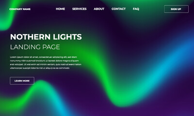 Website landing page design template. Modern dark mode UI with an abstract Northern Lights, background for a tech business or startup
