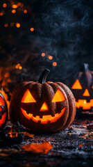 Glowing jack-o"-lanterns grin through swirling smoke on an autumn night, with warm candlelight and fallen leaves creating a spooky Halloween atmosphere.