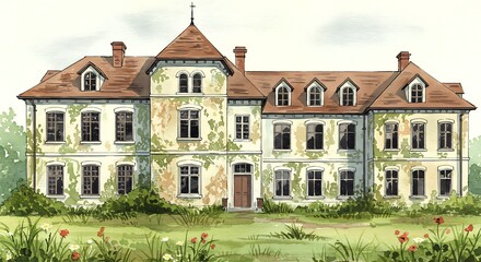 Historic manor house watercolor illustration. Old country estate with overgrown facade and green grass for architectural concept.
