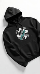 Modern Black Hoodie Featuring Abstract Graphic Design on White Background
