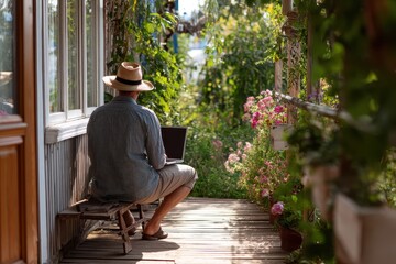 Working On Porch. Freelancer Using Wi-Fi Typing and Writing in Garden Setting