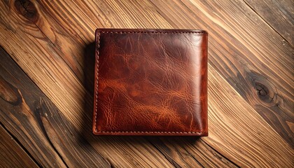 Rustic Brown Leather Wallet on Wooden Background.