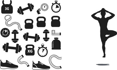 Black silhouette fitness and workout icons including kettlebells, dumbbells, stopwatch, measuring tape, running shoes, and yoga pose for healthy lifestyle.