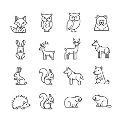 A collection of forest animal line icons including a fox owl bear deer and squirrel. © Vhya