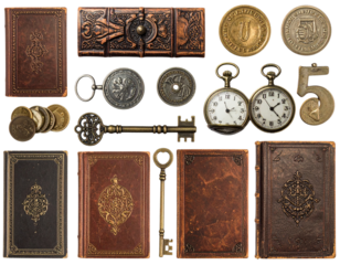  Vintage Objects Collection with Rustic Textures, Flat Lay PNG