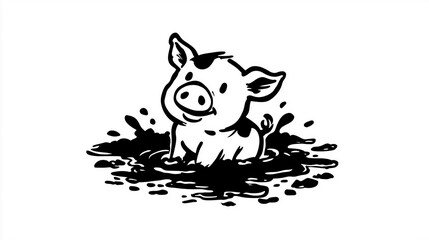 Fototapeta premium Cute piglet splashing joyfully in a muddy puddle on a sunny day