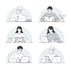 A collection of handdrawn monochrome illustrations showing diverse people studying and working at their desks.