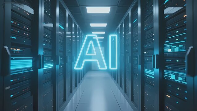 Neon AI symbol illuminated in a futuristic server room corridor with glowing blue lights and data racks