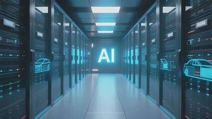 A futuristic data center hallway with AI illuminated at the end, featuring server racks and digital car icons on panels.