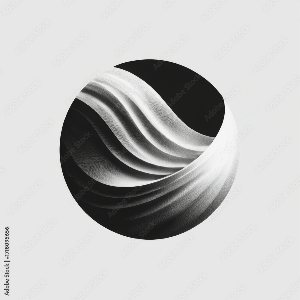 Poster abstract 3d render of a circular wave form, black and white, representing flow and artistic motion, 
