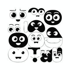 A diverse collection of bold black and white cartoon character faces with expressive eyes and happy smiles.