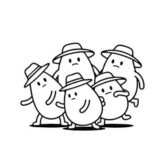 A gang of five cute cartoon potato characters wearing fedora hats with grumpy expressions.