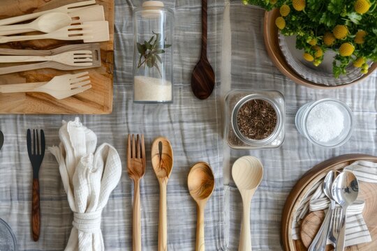 Overhead shot of wooden kitchen utensils and spices on a table, creating a rustic and sustainable kitchenware arrangement