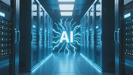 Server room with AI lightning effect in the center, illuminated by blue lights